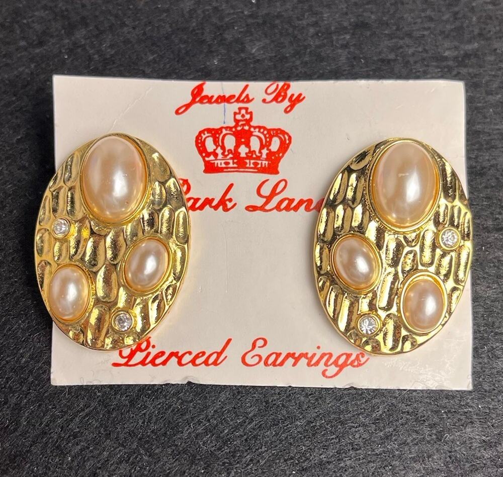 Park Lane Large Oval Faux Pearl Rhinestone Earrings Gold Tone Vintage Glam